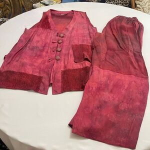 URU Hand Dyed Red Silk Boho Art To Wear Oversized 2 Piece Pant Set One Size